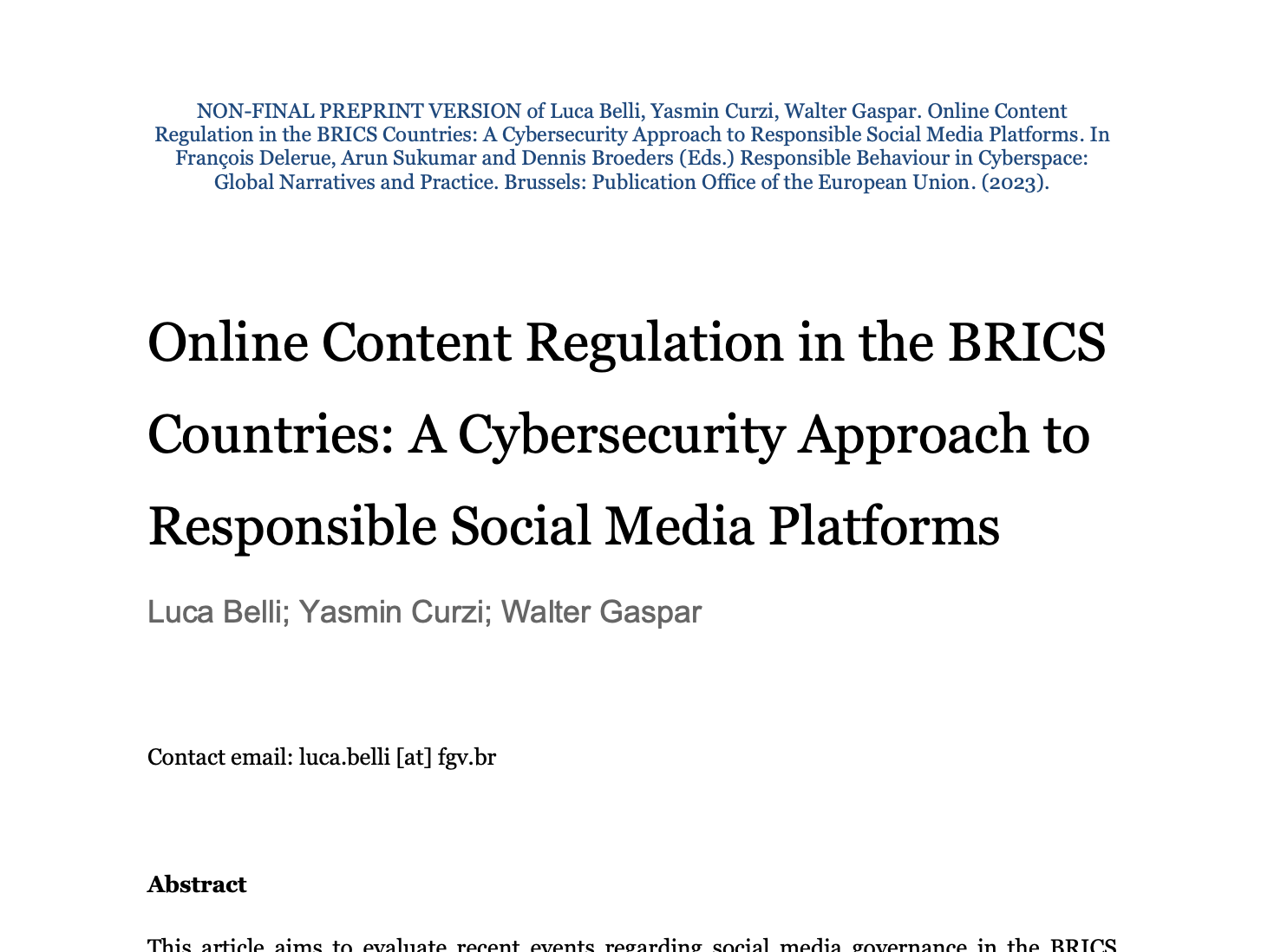 Online Content Regulation in the BRICS Countries: A Cybersecurity Approach to Responsible Social Media Platforms